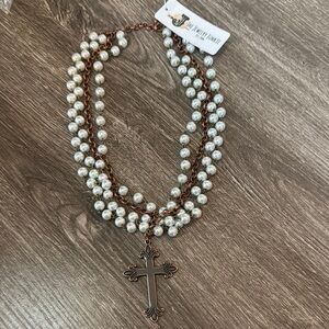 Elegant Pearl and Bronze Cross Necklace